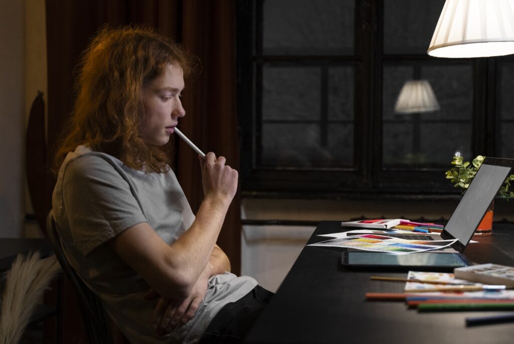 view woman sitting at desk